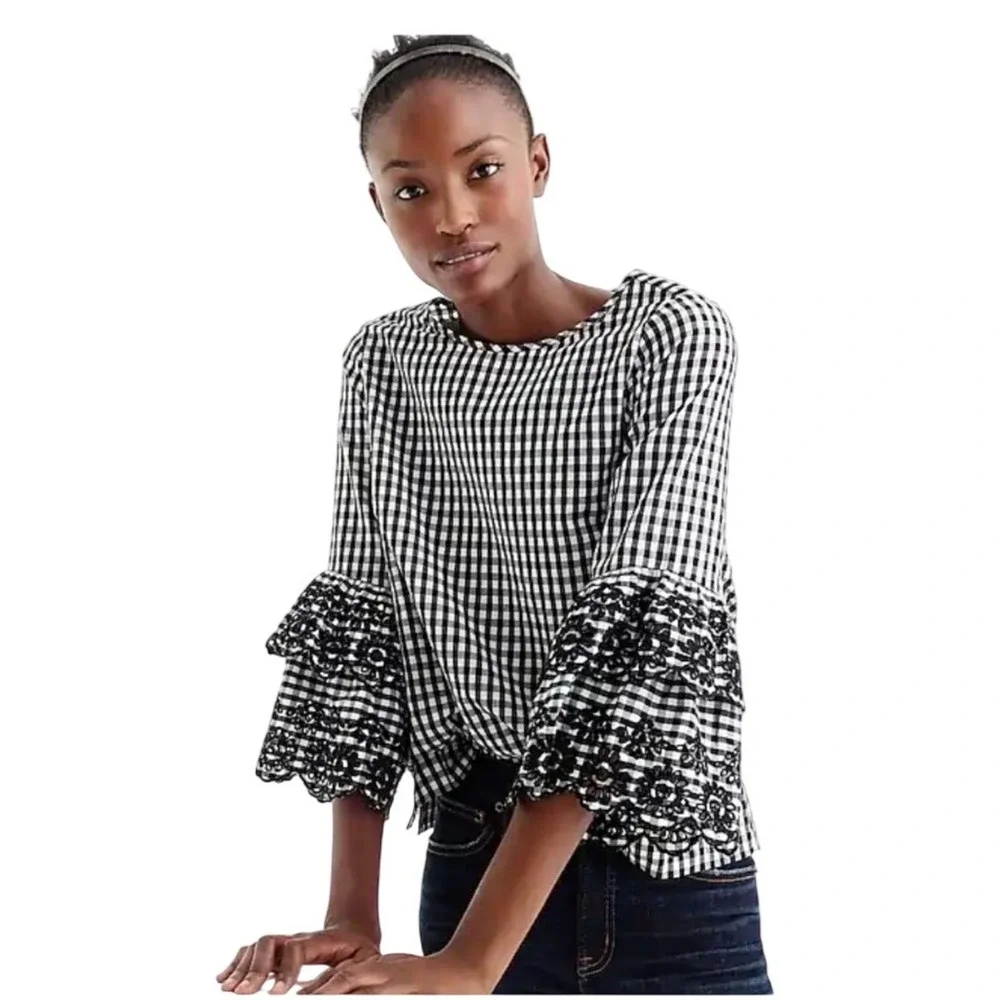 J.Crew Gingham Lace Bell Sleeve Blouse Black White Size 14 Embroidered Check